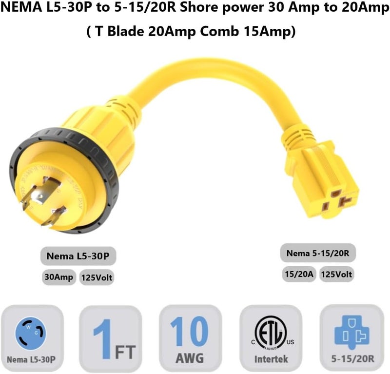 ADCAUDX 1FT 30-Amp to 15-Amp Marine-Shore Power-Adapter NEMA L5-30P to 5-15/20R,10AWG 30Amp to 20Amp T Blade Marine Adapter Plug,Twist Lock 125V 30A to 20A/ 15A Household Outlet Pigtail Boat - Image 2